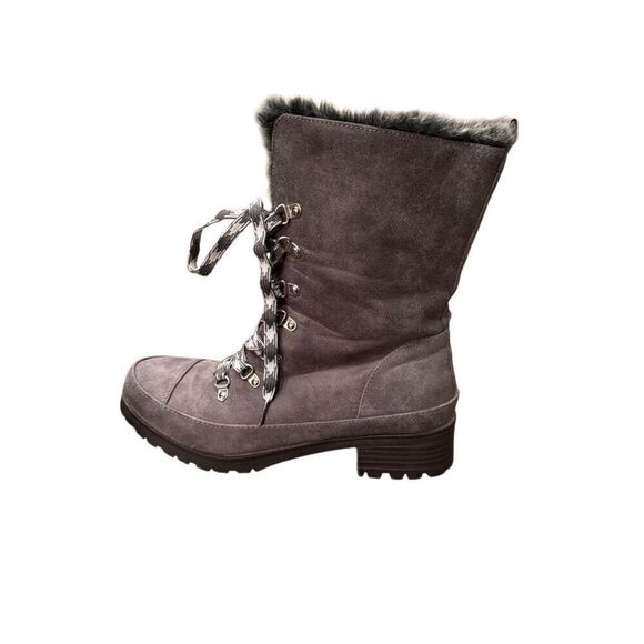 JustFab gray lace up faux leather and fur boots (10) - Picture 2 of 9